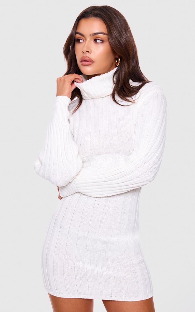 Cream Knitted Roll Neck Sweater Dress Product Image