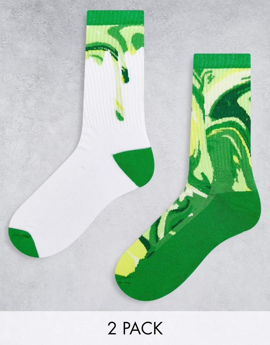 ASOS DESIGN 2 pack sports sock in green with oil affect print Product Image