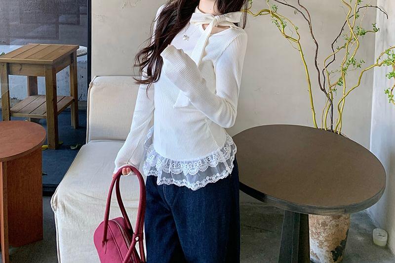 Long-Sleeve Mock Neck Plain Bow Cutout Lace Trim Ribbed Knit Top Product Image