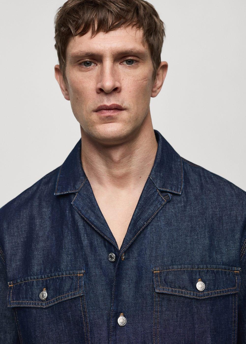 MANGO MAN - Cotton linen denim shirt open blueMen Product Image