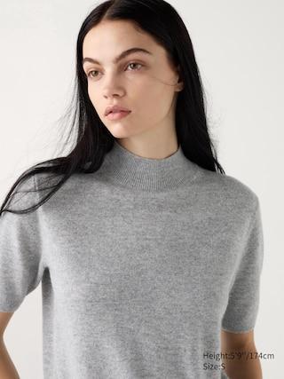 Womens Cashmere Sweater Mock Neck Half-Sleeve Light Gray XS UNIQLO US Product Image