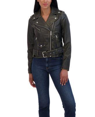 Women's Distressed Faux Leather Biker Jacket With Attached Belt Product Image