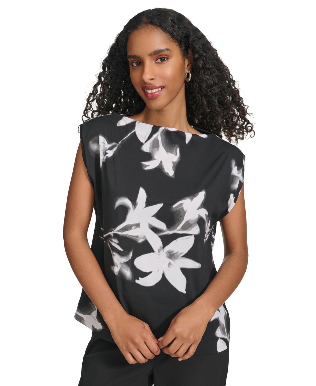 Calvin Klein Womens Floral-Print Boat-Neck Sleeveless Top Product Image