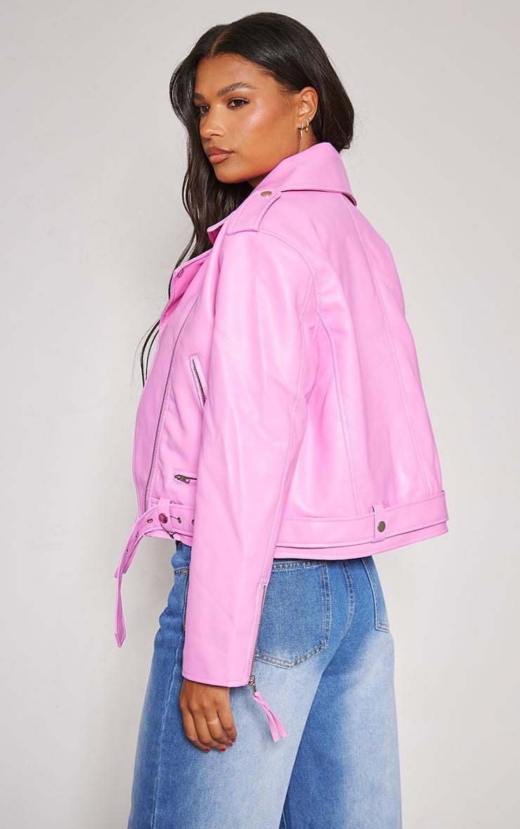 Pink Oversized Faux Leather Quilted Biker Jacket Product Image