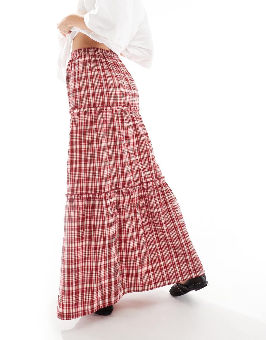 ASOS DESIGN tiered maxi skirt in red plaid Product Image