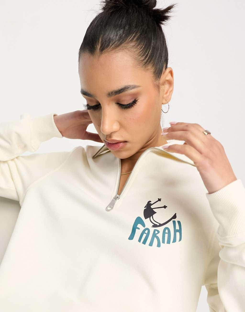 Farah Hoffman 1/4 zip boyfriend fit sweatshirt in off white with back print Product Image