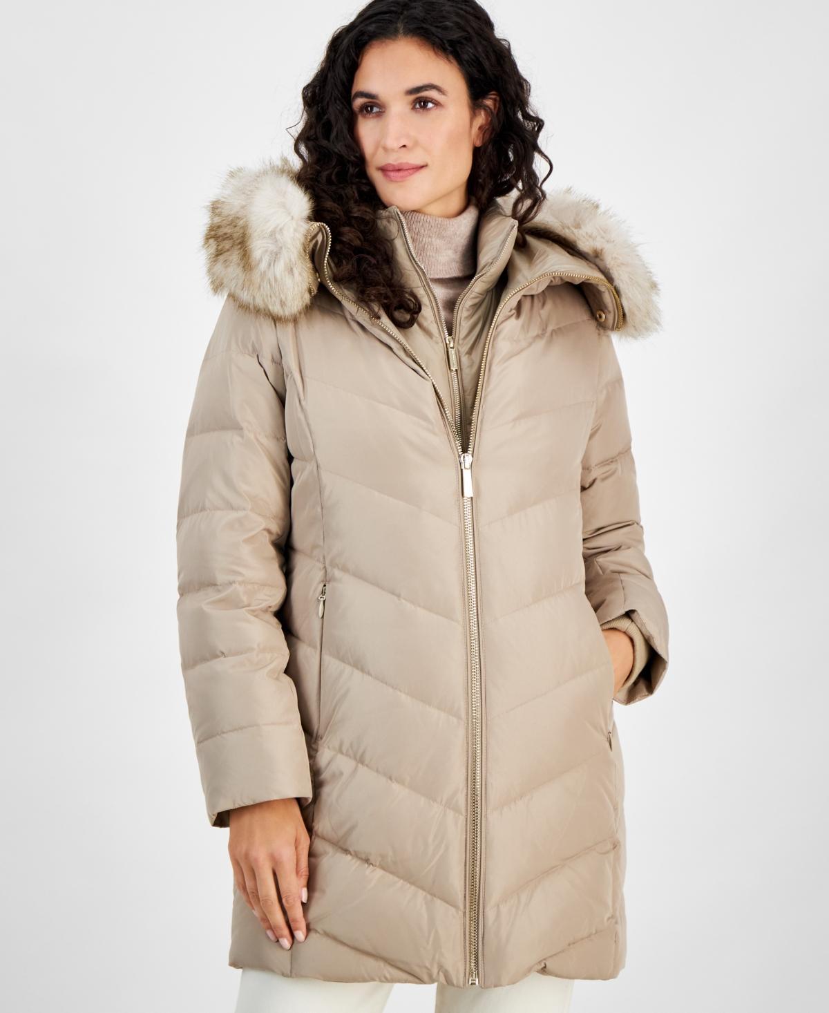 Michael Michael Kors Womens Bibbed Faux-Fur-Trim Hooded Puffer Coat Product Image