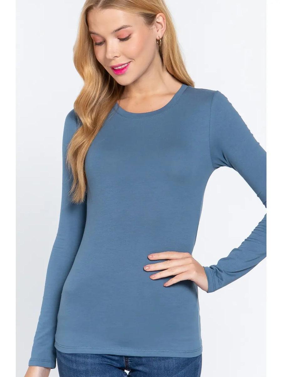 Denim Blue Long Sleeve Crew Neck Cotton Spandex Jersey Top Product Image