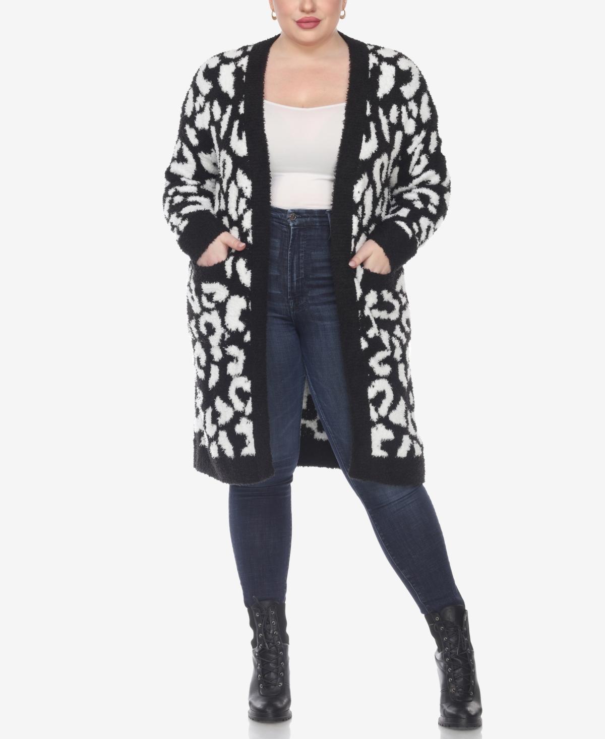 White Mark Plus Size Leopard Print Open Front Sherpa Sweater Product Image