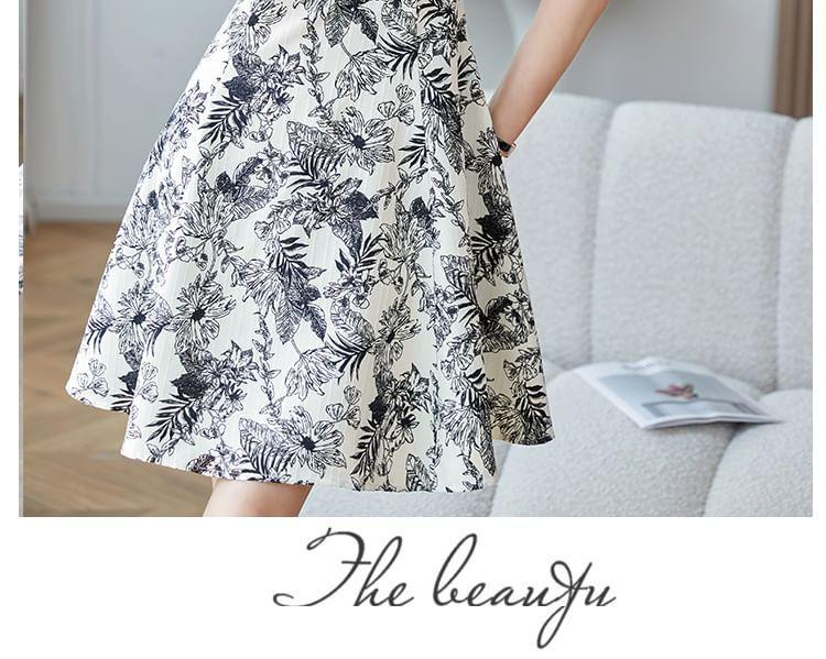 Puff-Sleeve Mock Neck Floral Mini A-Line Dress Product Image