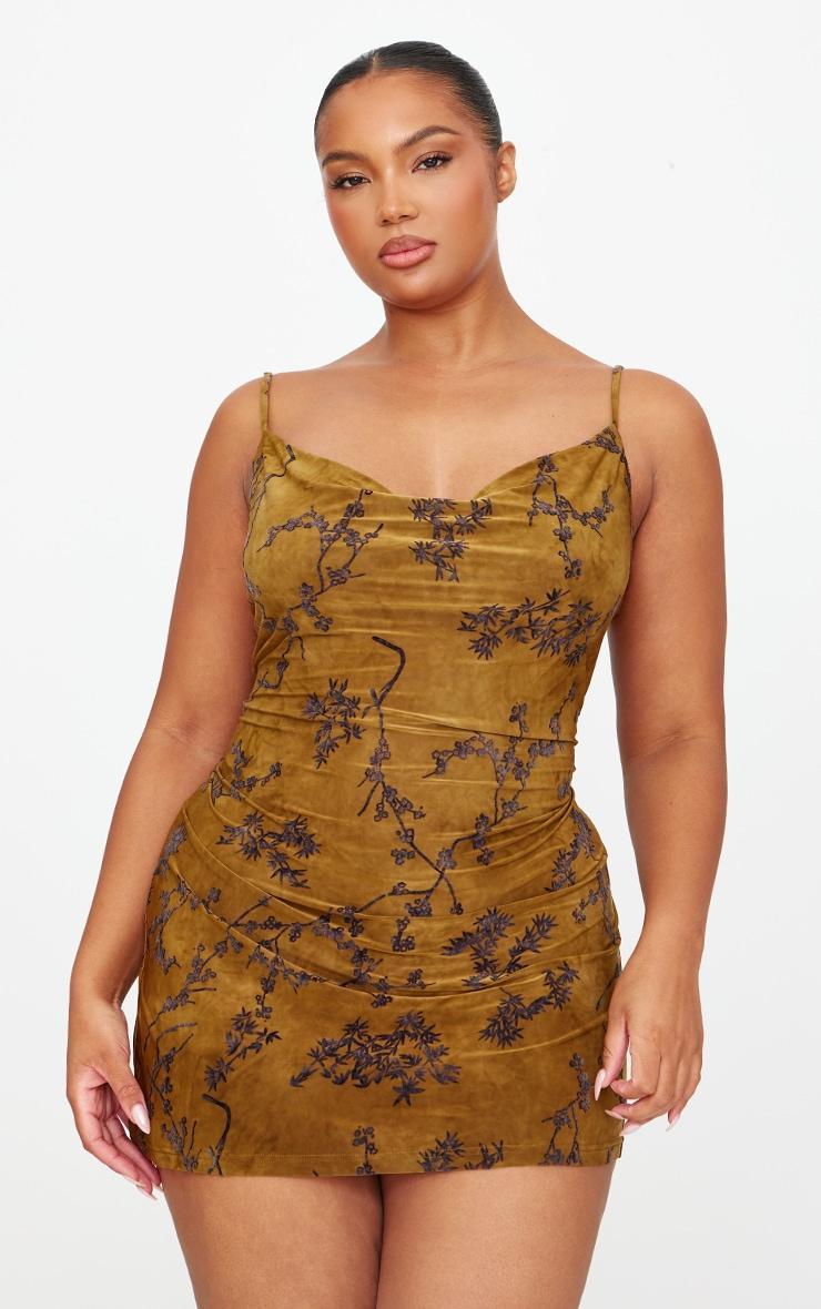 Plus Green Floral Printed Devore Cowl Neck Shift Dress Product Image