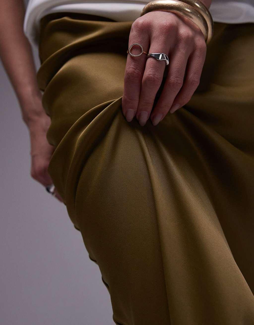 Topshop satin bias maxi skirt in khaki Product Image