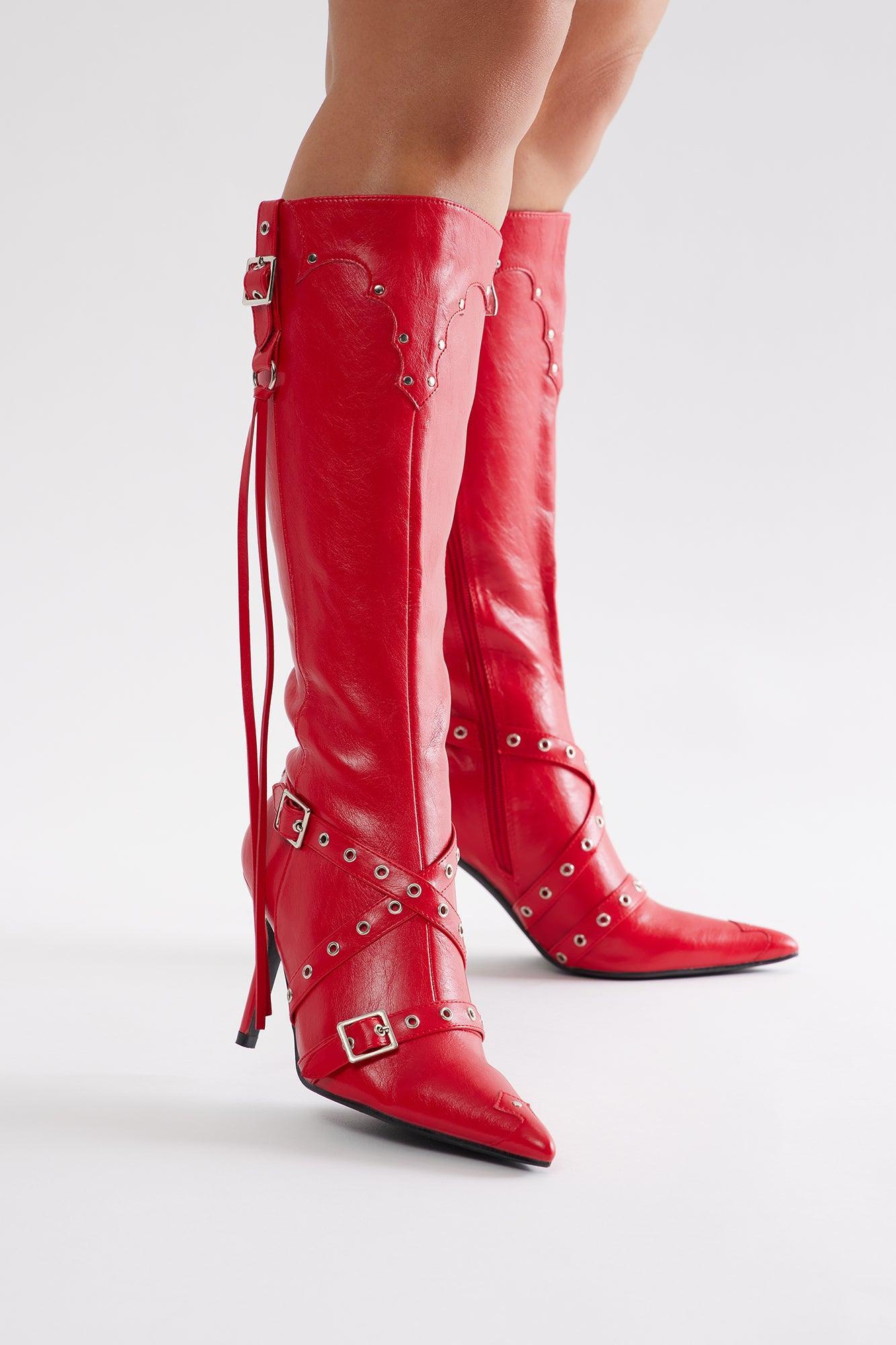 Fake Love Knee High Heeled Boots - Red Product Image