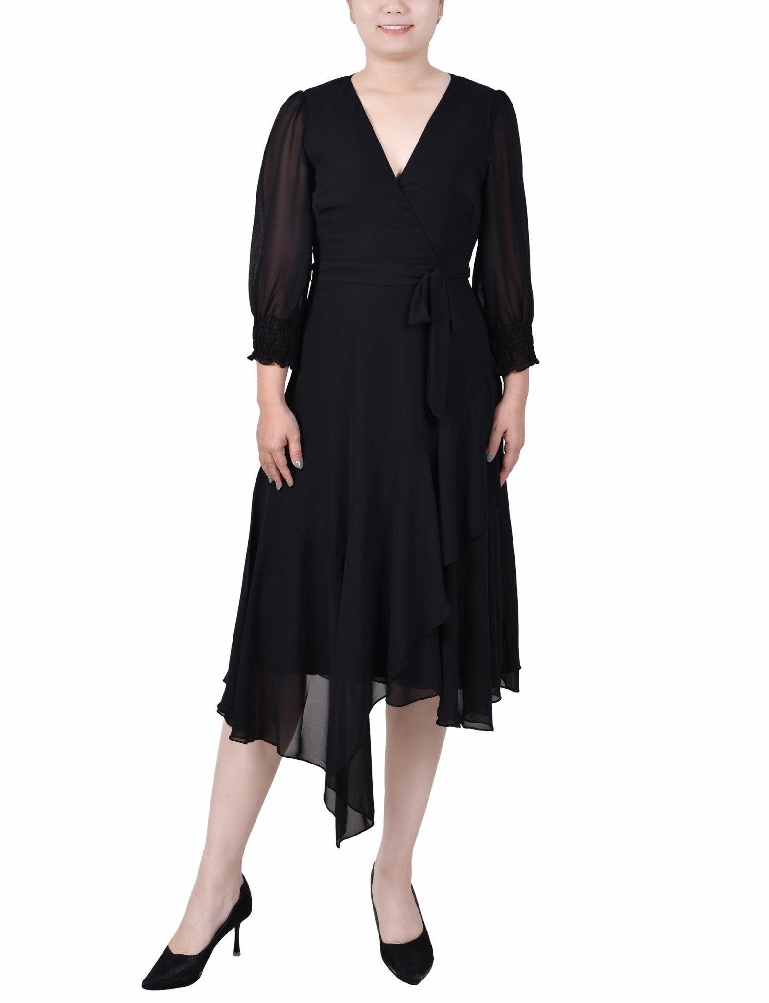 3/4 Length Sleeve Belted Chiffon Handkerchief Hem Dress - Petite Product Image