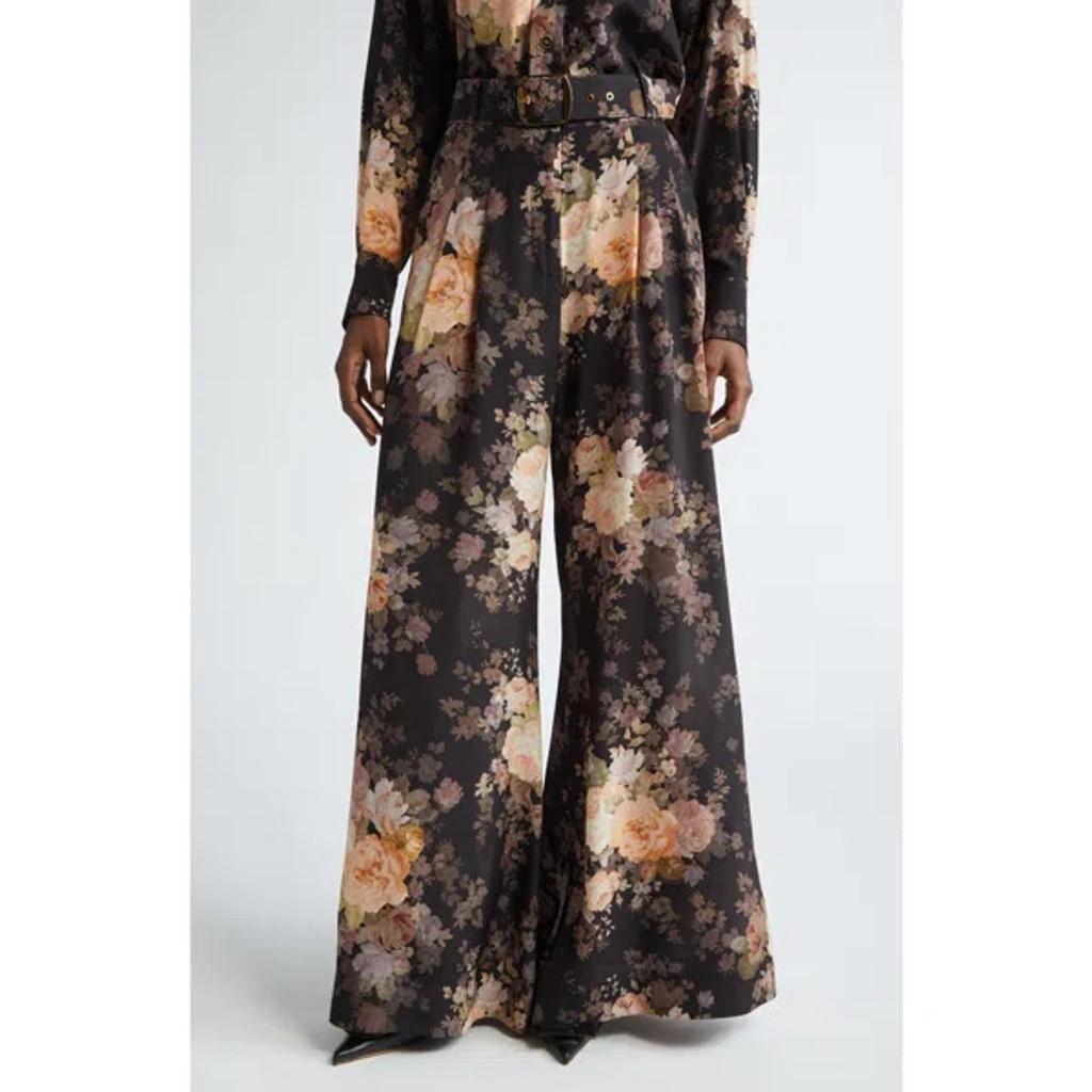 ZIMMERMANN Womens Black Rococo Floral Belted Wide-leg Silk Trousers In Multi Floral Product Image