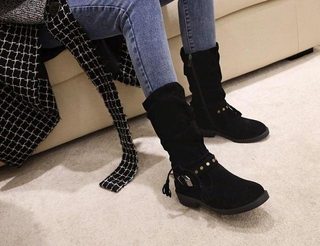 Platform Buckled Faux Suede Mid Calf Boots Product Image