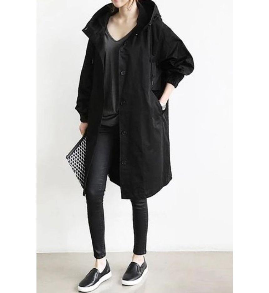 Plain Hooded Long Single-Breasted Trench Jacket Product Image