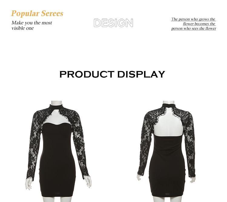 Long-Sleeve Plain Lace Panel Mini Bodycon Dress Product Image