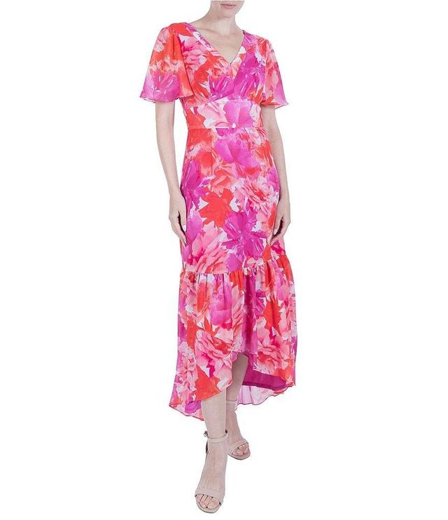 Julia Jordan Chiffon Floral Print V-Neck Short Flutter Sleeve High Low Ruffle Hem Dress Product Image