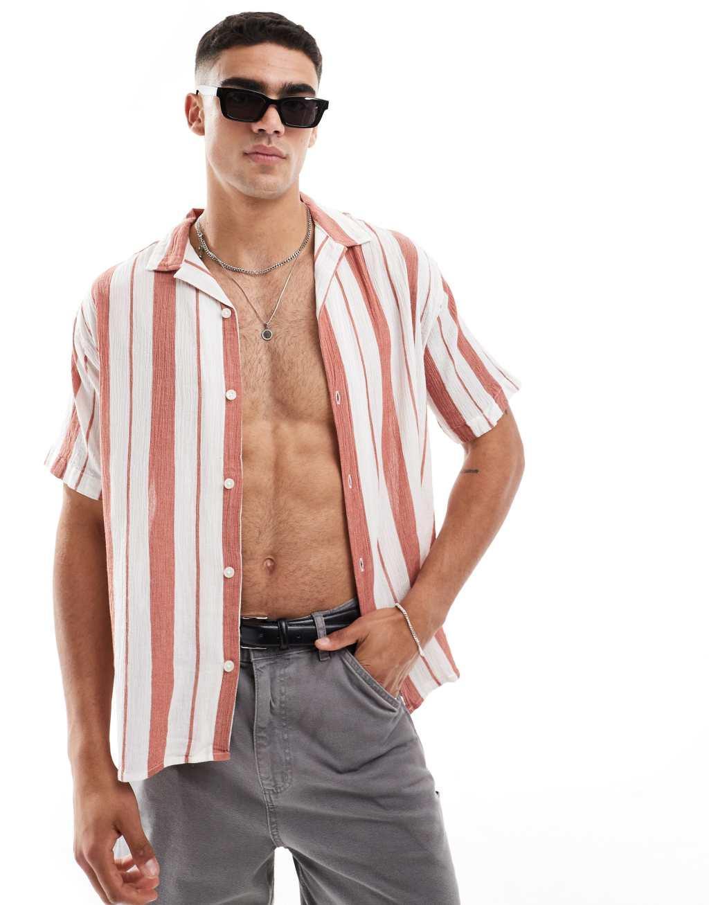 Jack & Jones revere collar wide stripe shirt in orange Product Image