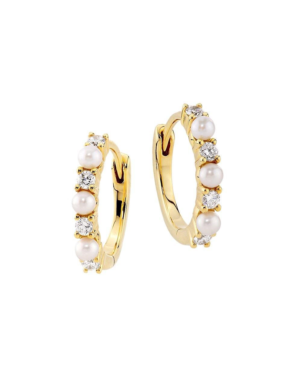 Womens 14K Yellow Gold, Cultured Freshwater Pearl & 0.14 TCW Diamond Huggie Hoop Earrings Product Image