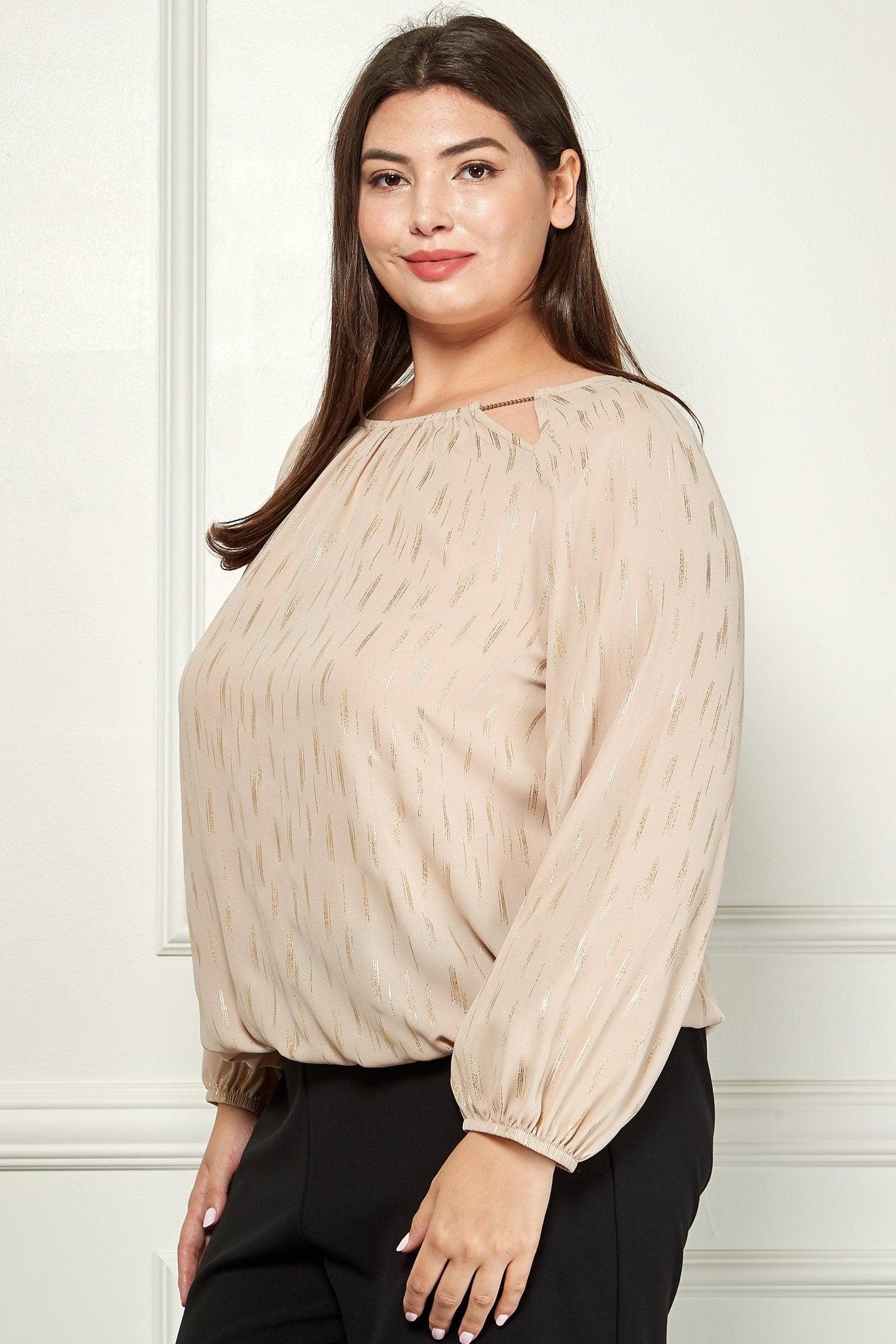 Long Sleeve V-Chain Trim Cutout Bubble Blouse - Plus Product Image