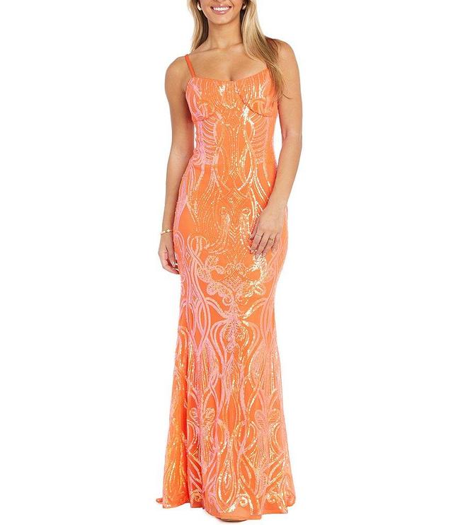 Morgan & Co. Spaghetti Straps Sweetheart Neck Swirl And Scroll Pattern Long Dress Product Image