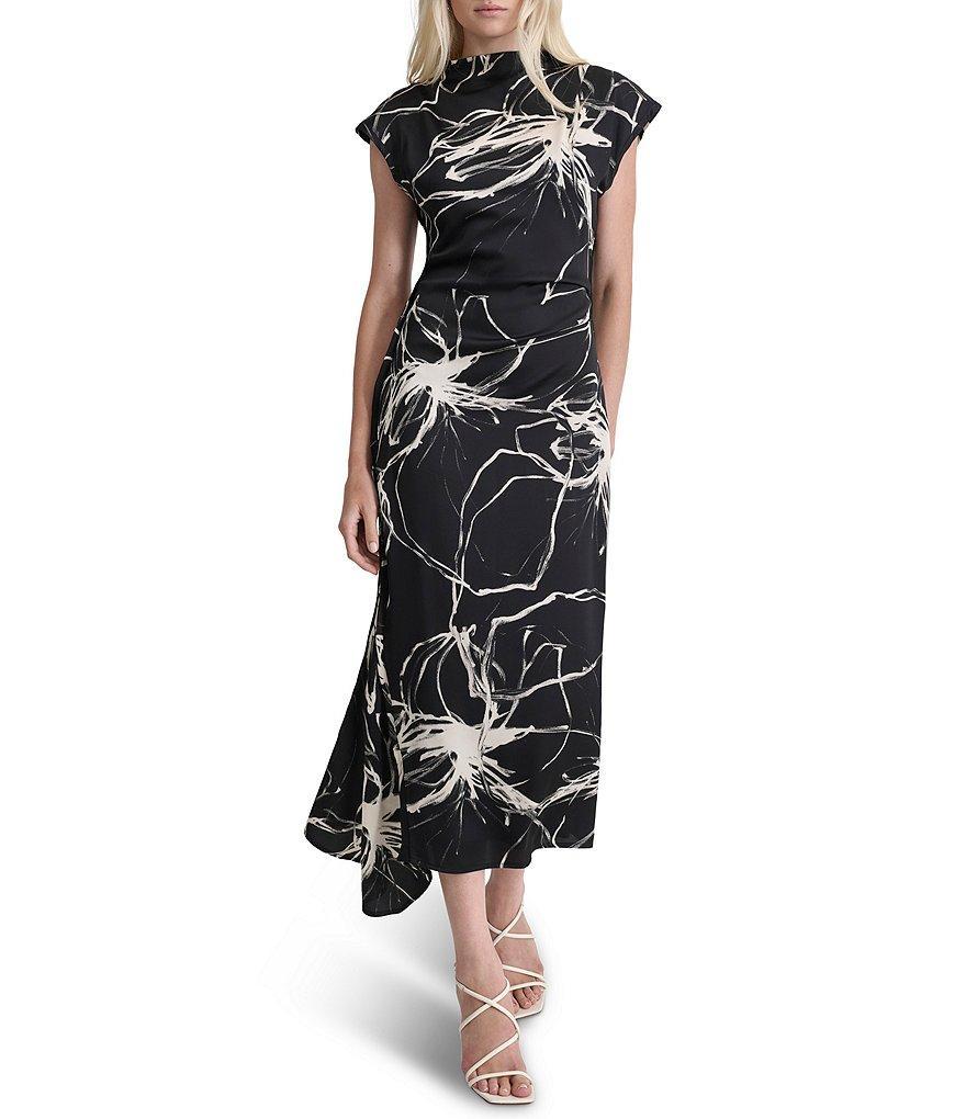 DKNY by Donna Karan Printed Woven Mock Neck Short Sleeve Asymmetrical Hem A-Line Dress Product Image