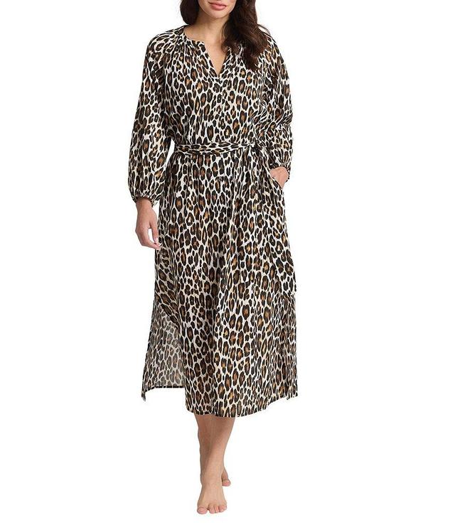 Tommy Bahama Leopard Print V-Neck Long Sleeve Belted Button Front Duster Swim Cover-Up Product Image