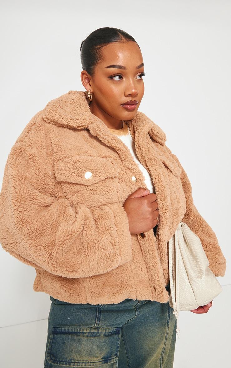 Plus Brown Cropped Sherpa Oversized Jacket Product Image