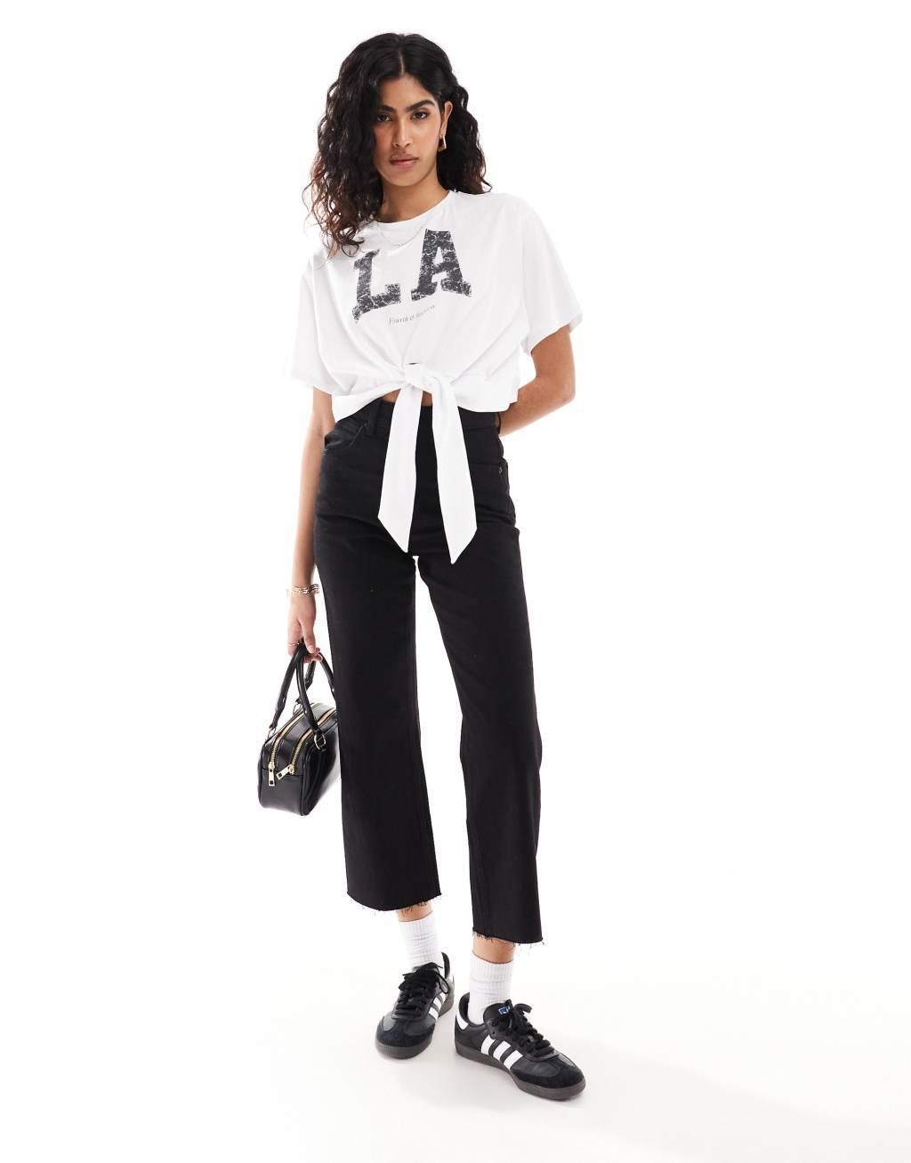 4th & Reckless tie front LA oversized cropped T-shirt in white Product Image