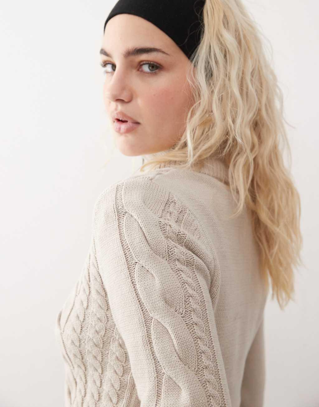 COLLUSION zip up knit cable knit cardigan in cream Product Image