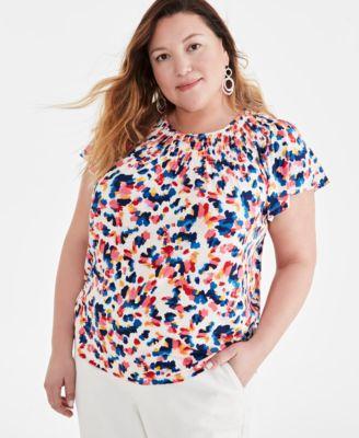 Plus Size Printed Gathered Scoop-Neck Flutter-Sleeve Top, Created for Macy's Product Image