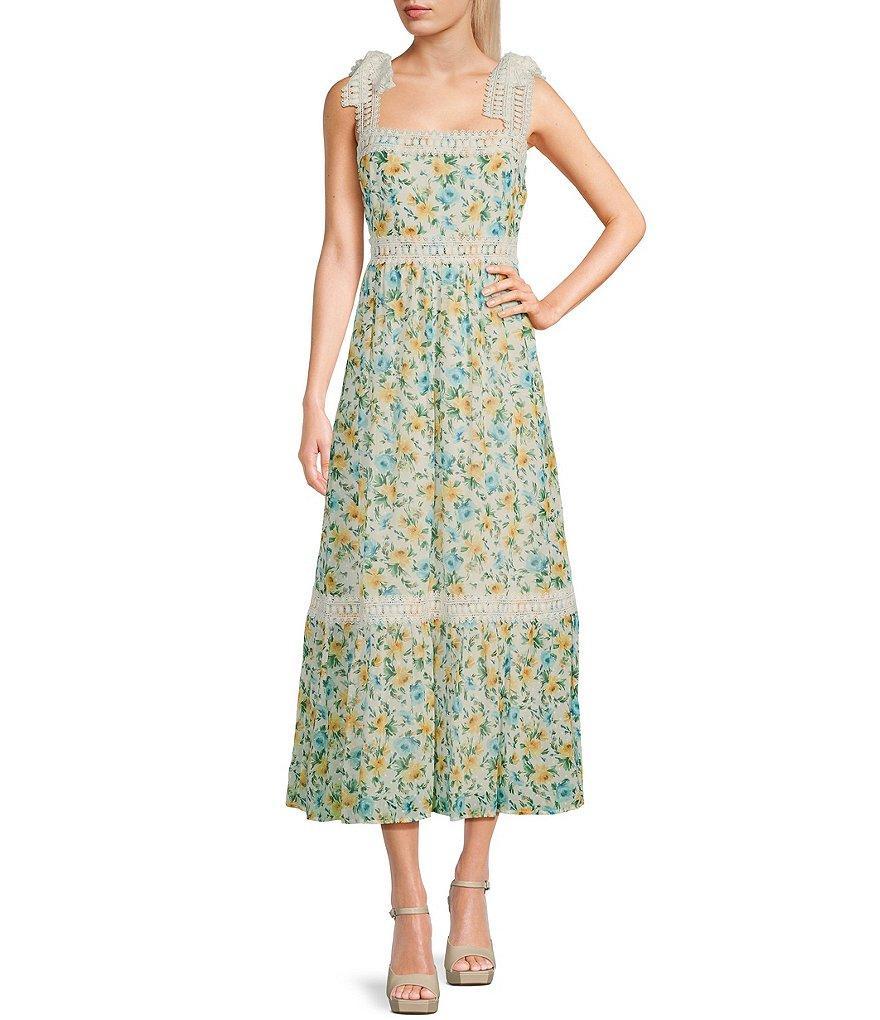 B. Darlin Floral Print Clipped Dot Chiffon Trim Tie Straps Square Neck Tiered Midi Dress Product Image