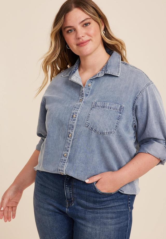 Maurices Plus Size Womens Blue Denim Medium Wash Button Up Shirt Size 4X Product Image