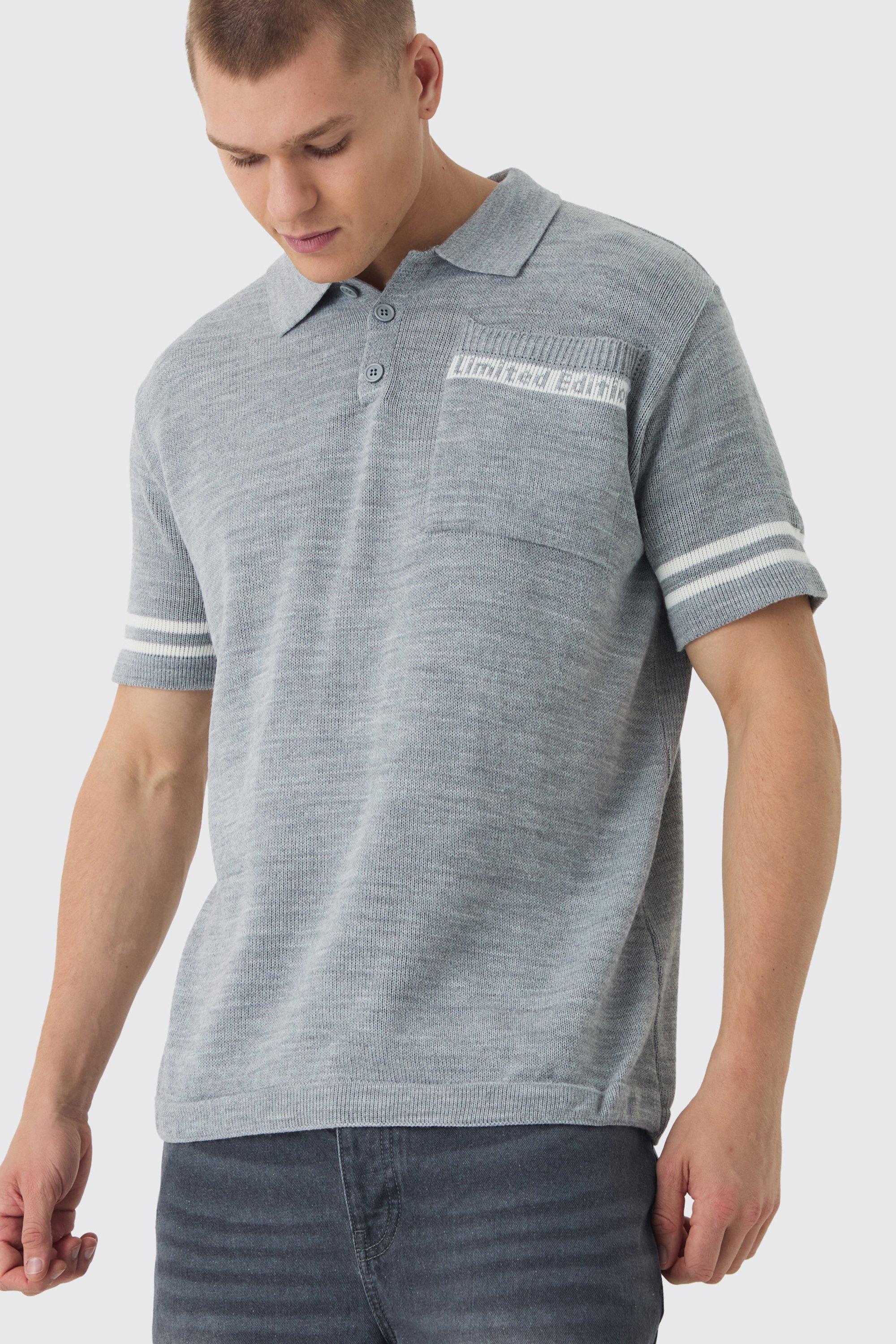 Mens Grey Oversized Limited Edition V Neck Knitted Polo Shirt, Grey Product Image