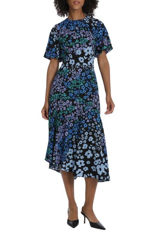 Maggy London Womens Bubble Crepe Floral Asymmetric Midi Dress - Black Blue Product Image