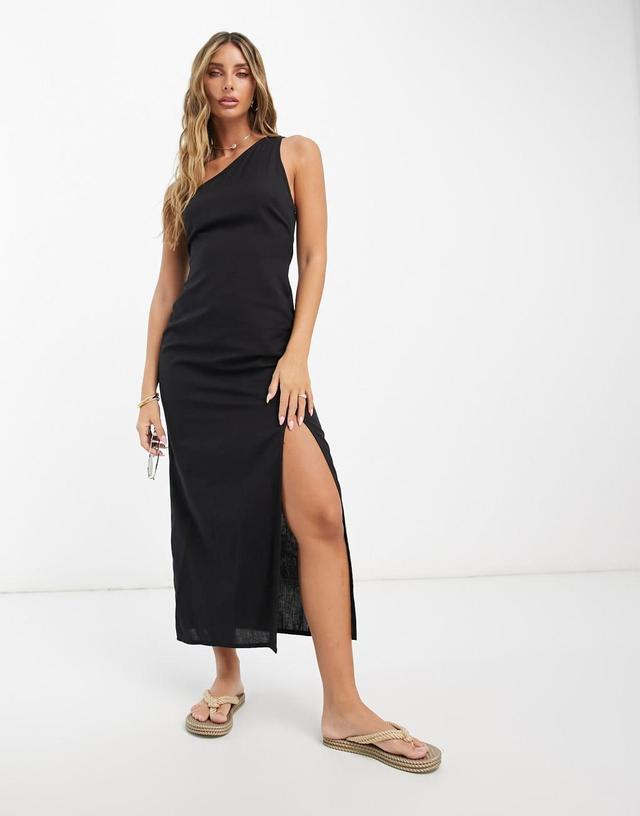 ASOS DESIGN linen one shoulder midi sundress with thigh split in black Product Image