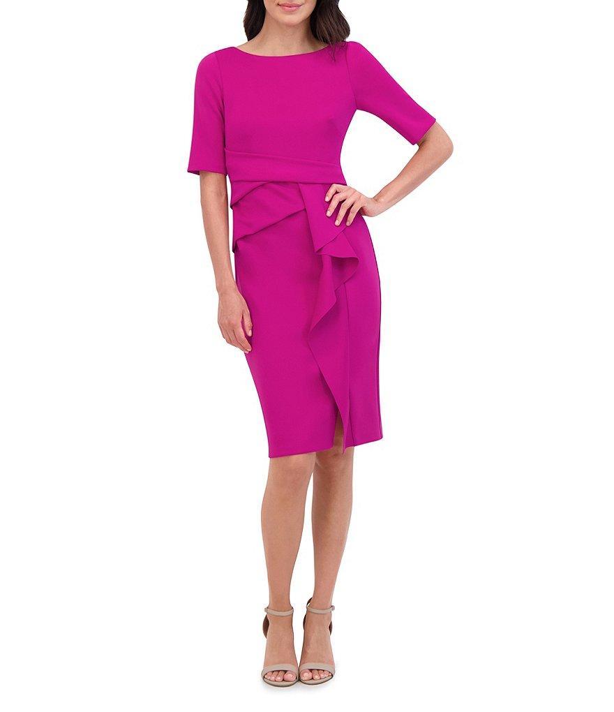 Vince Camuto Boat Neck Short Sleeve Cascading Ruffled Waist Scuba Knit Sheath Dress Product Image