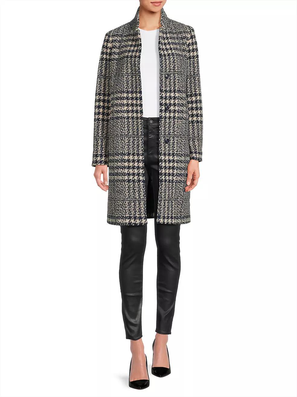 Houndstooth Plaid Three-Quarter Coat Product Image