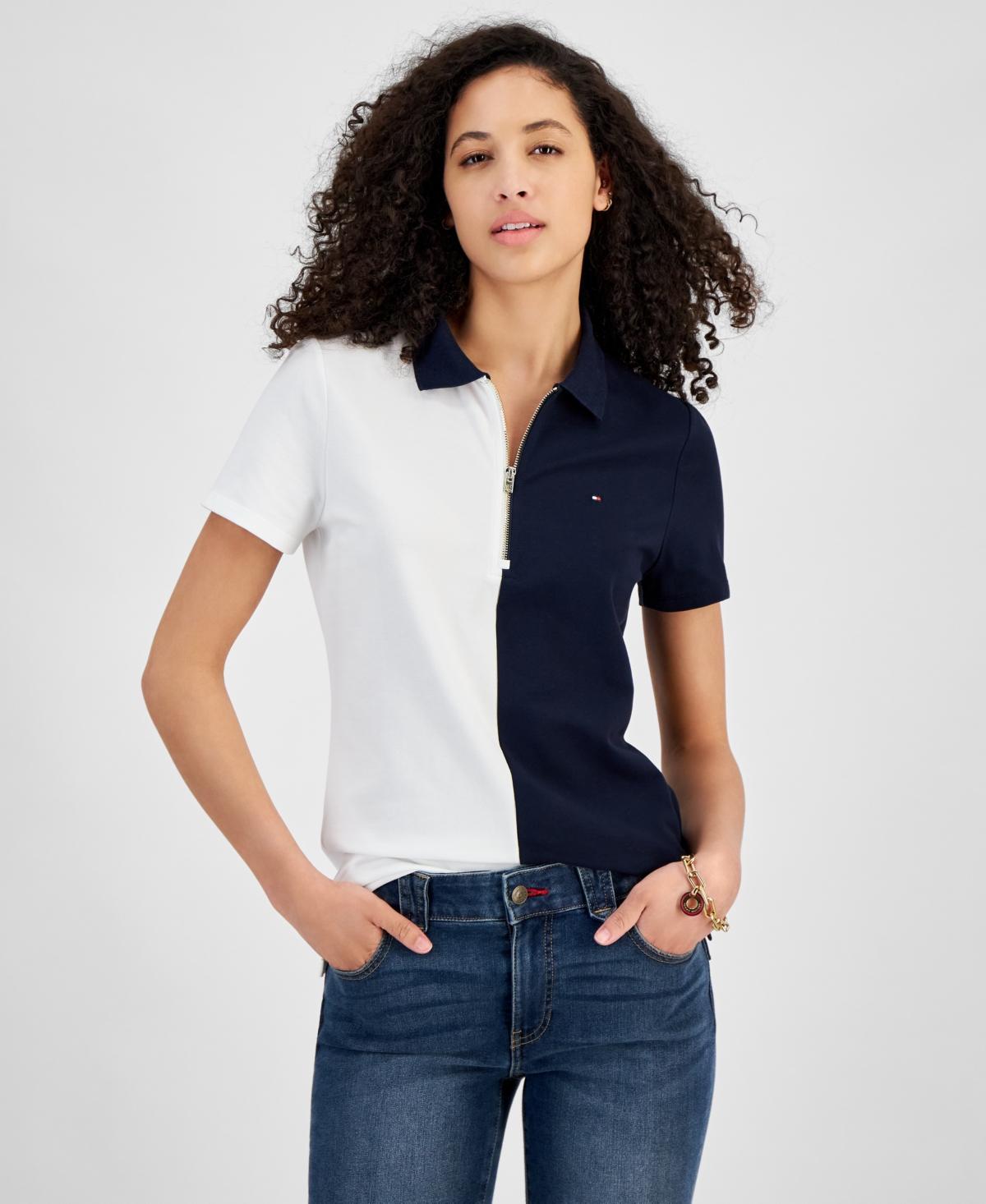 Tommy Hilfiger Womens Colorblock Zip-Front Polo Shirt - Sca Product Image