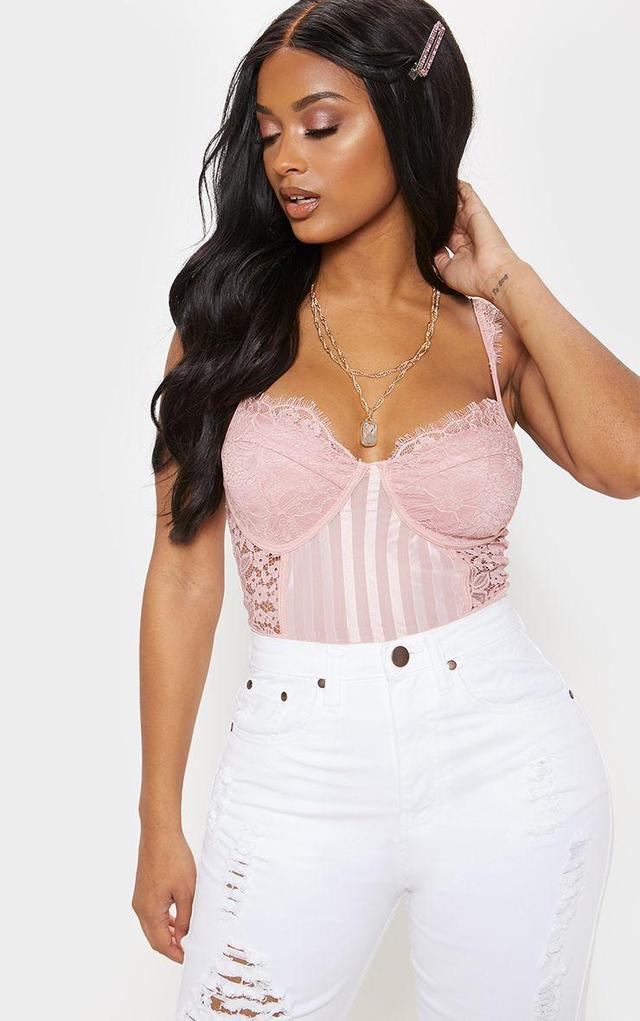 Shape Dusty Pink Lace Mesh Stripe Bodysuit Product Image