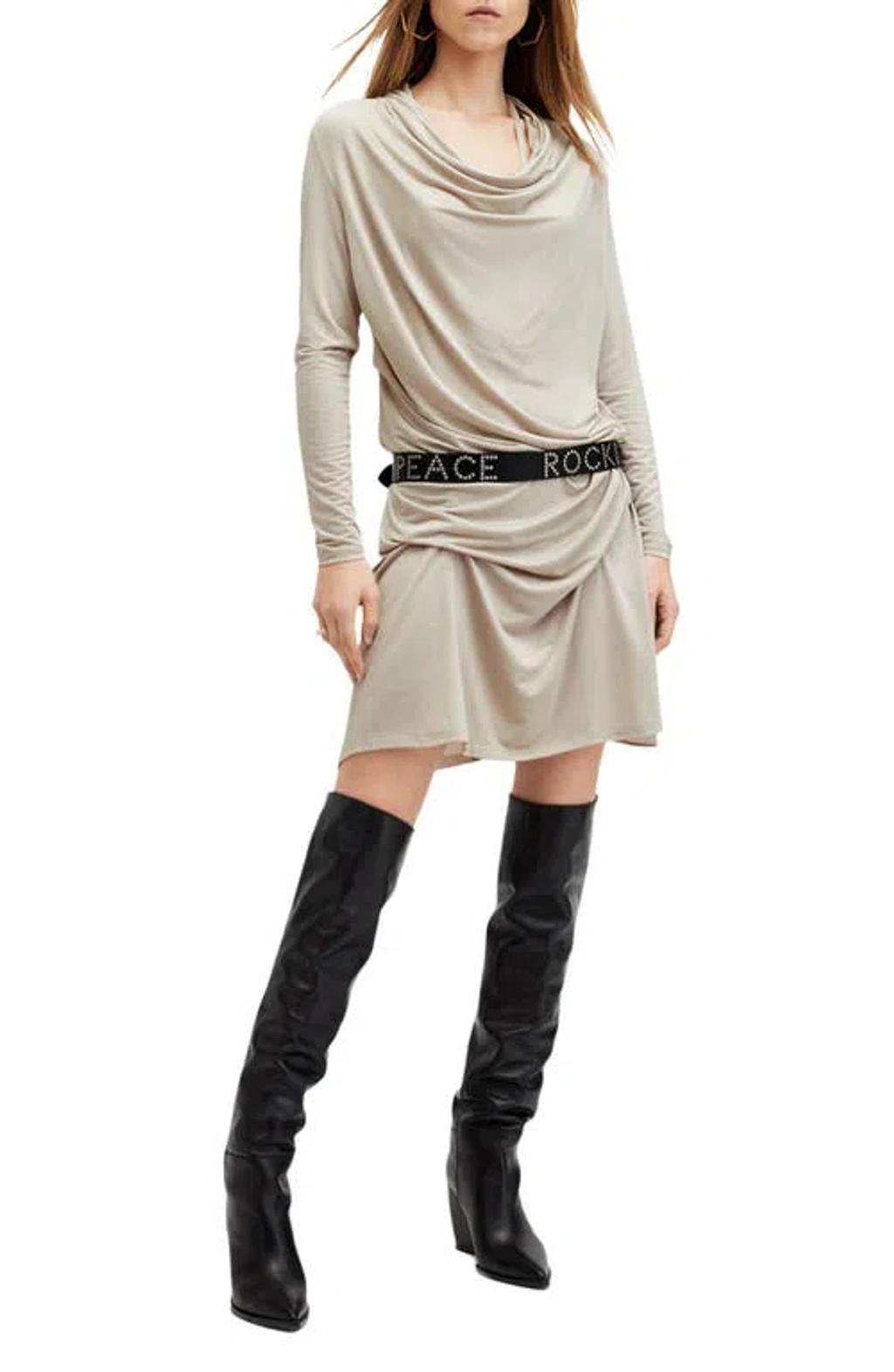 Amei Draped Long Sleeve Minidress In Ecru Beige Product Image