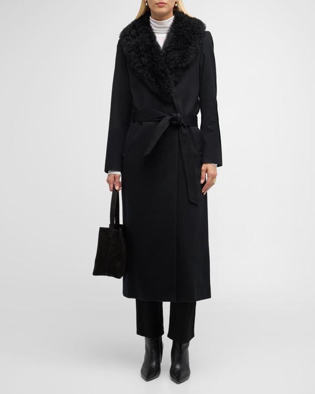 Cashmere-Blend Long Belted Wrap Coat with Shearling Collar Product Image