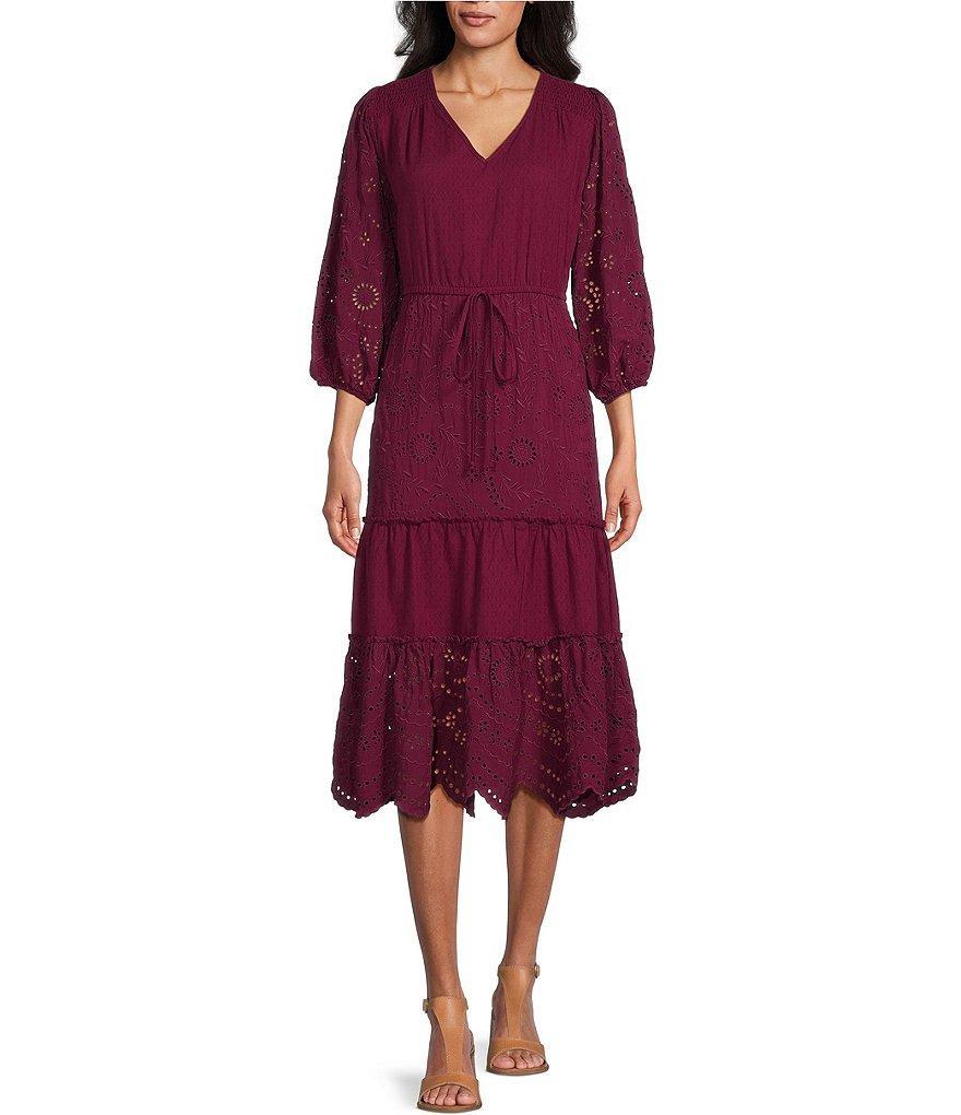 Nurture by Westbound 3/4 Sleeve V-Neck Eyelet Detail Midi Dress Product Image