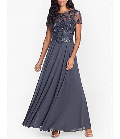 Xscape Beaded Bodice Round Neck Short Illusion Sleeve Chiffon Gown Product Image