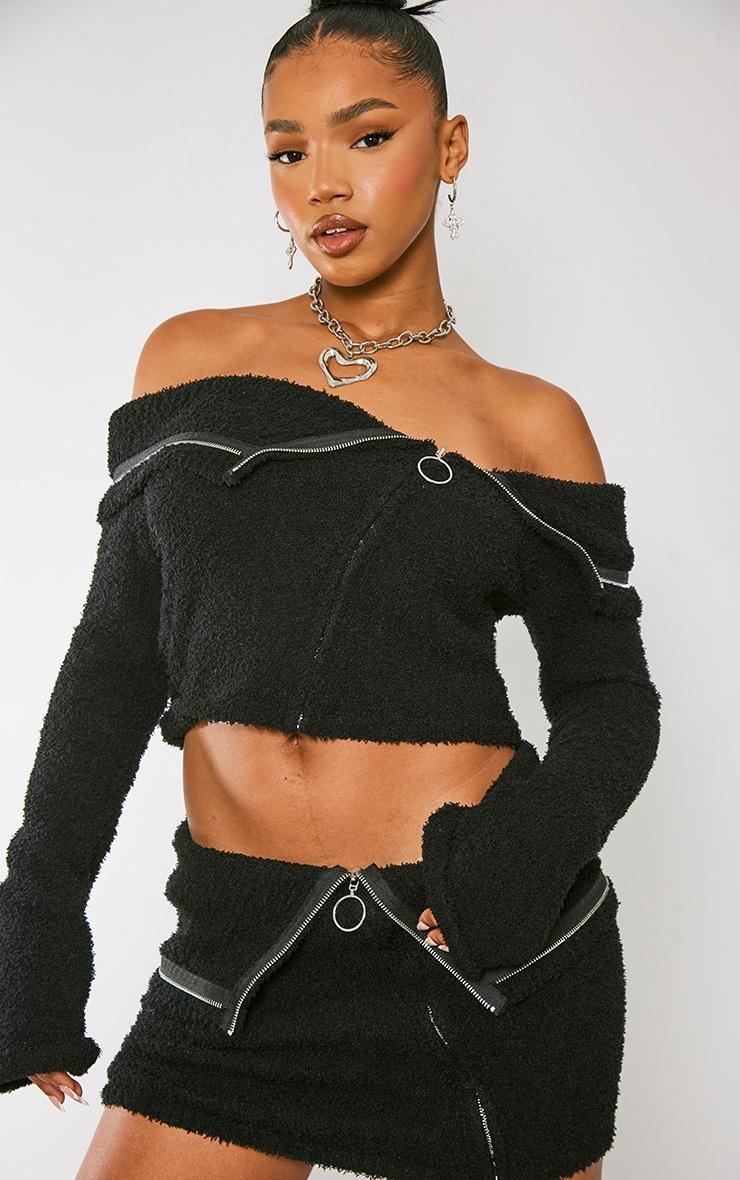  Black Fluffy Knit Fold Over Zipped Crop Top Product Image