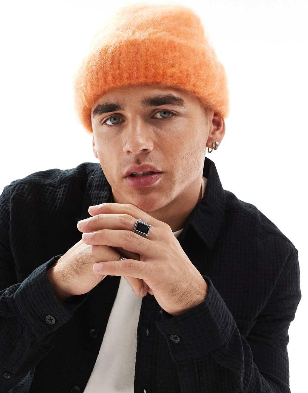 ASOS DESIGN fluffy wool mix beanie in orange Product Image