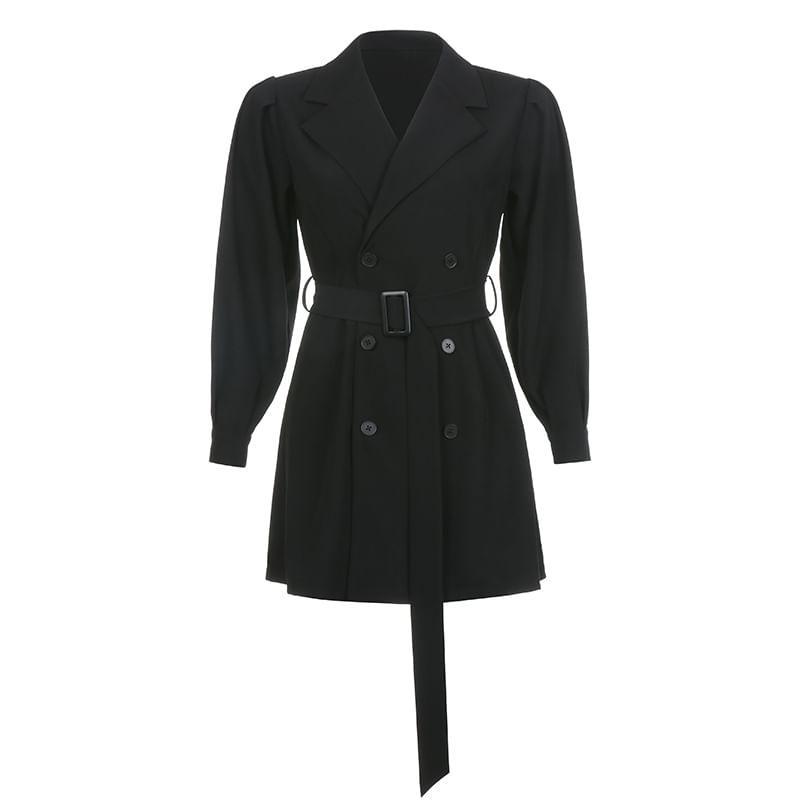 Long Sleeve Collared Plain Double Breasted Belted Mini A-Line Blazer Dress Product Image