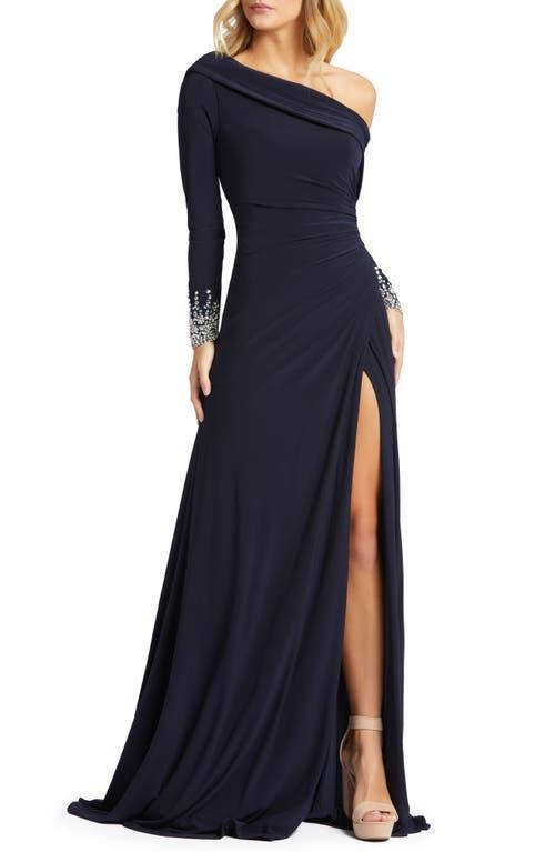 Womens One-Shoulder Jersey Ruched Side Slit Gown Product Image